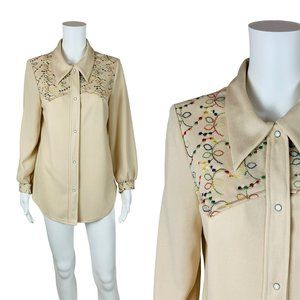 Vintage 70s Western Shirt Neutral Rainbow Embroidered Yoke Cowgirl Top